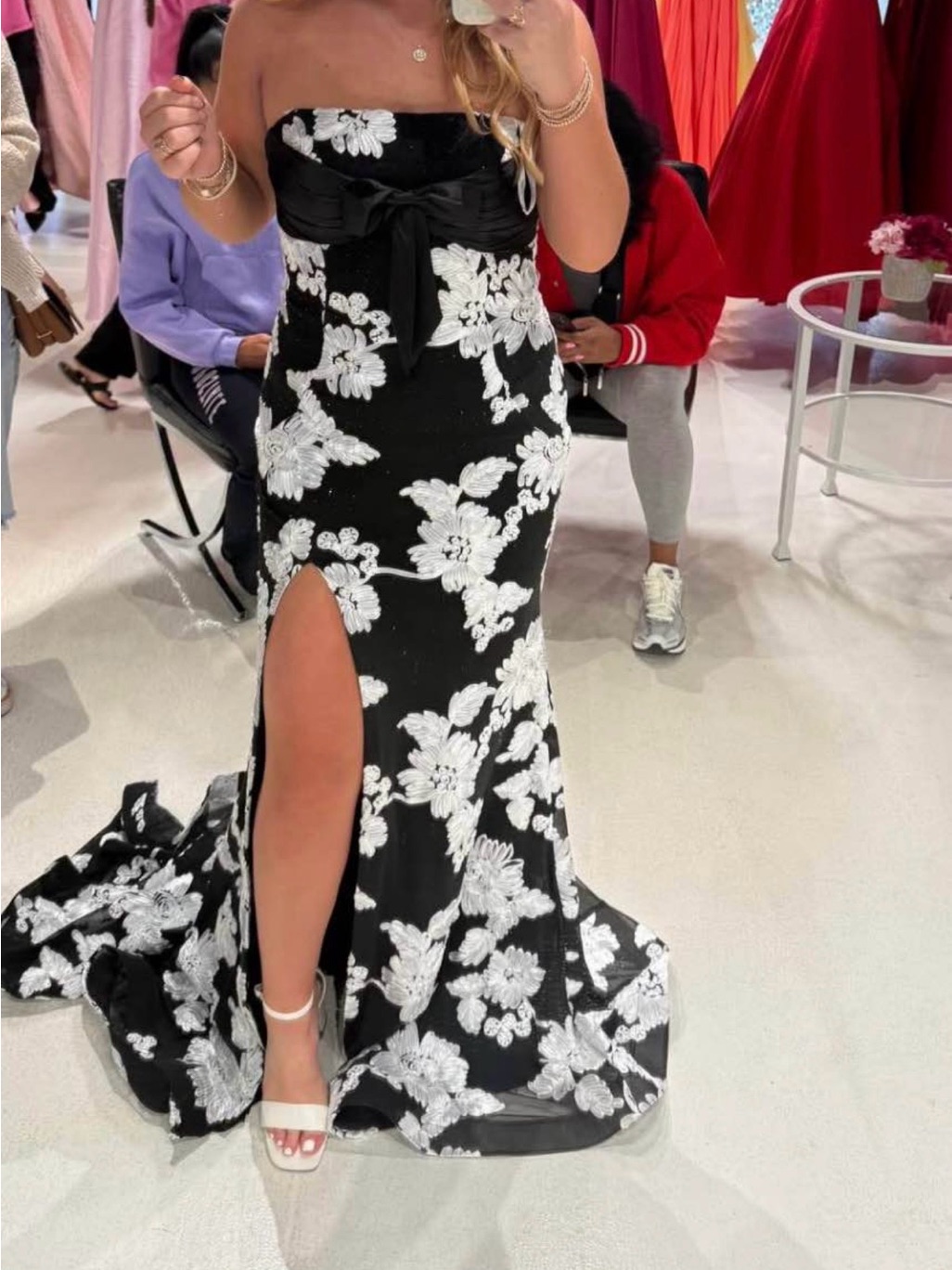 Strapless Black Floral Evening Gown With Front Thigh Slit